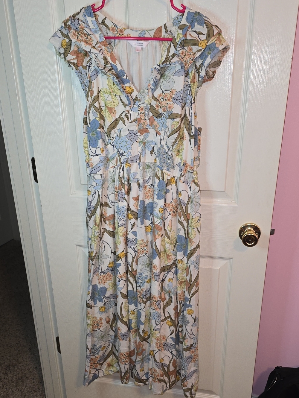 LC Lauren Conrad Cream Floral Midi Dress with Blue and Tan Accents